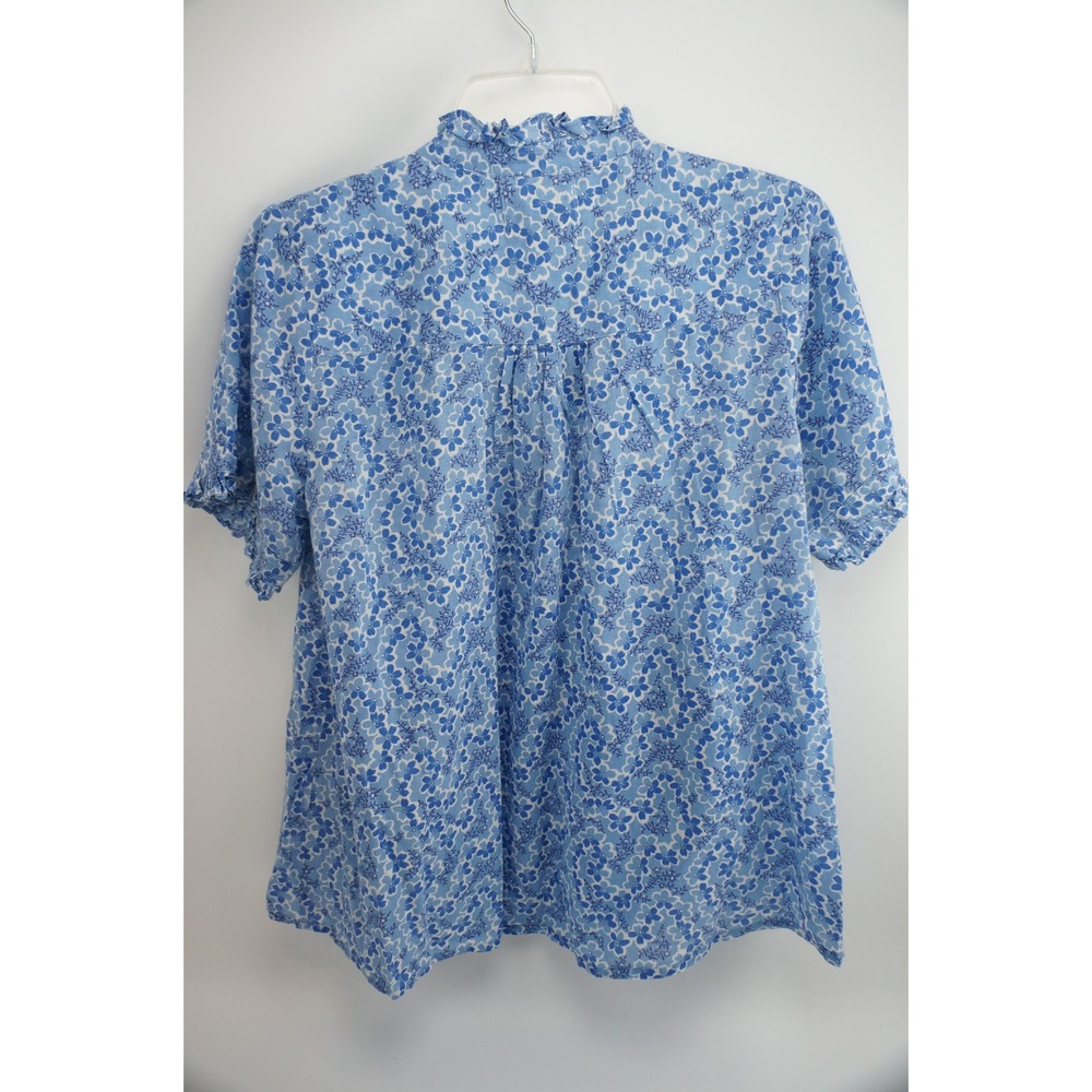 Banjanan Floral Blouse L Blue Cotton Ruffle Neck Short Sleeve Excellent - Picture 6 of 7